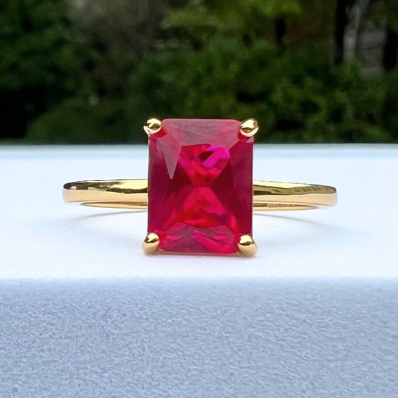 Jewelry - Lab Grown Ruby Ring, Emerald Cut, 18K Gold Vermeil